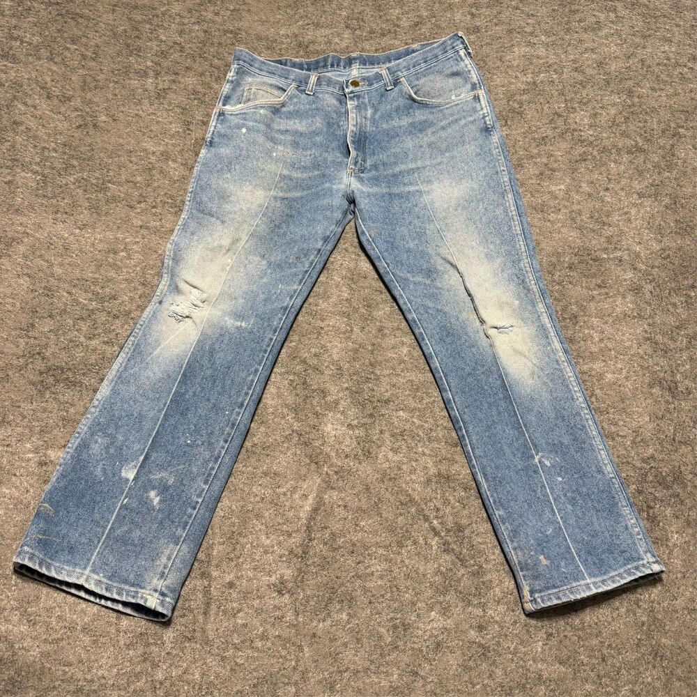 VTG Wrangler 586 NSW Jeans Mens 36x29 Made In USA Blue Paint Splattered Distress